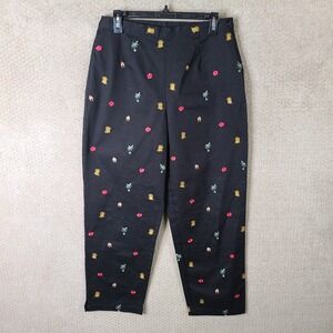 Coldwater Creek Pants Womens 14 Black Tropical Embroidered Cotton Blend Side Zip